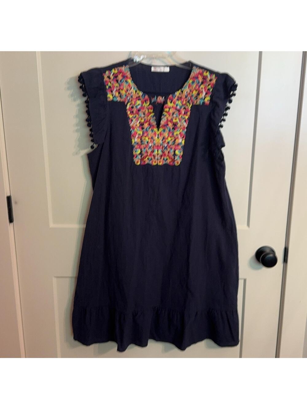 KIRUNDO Dress Sz XL Blue Embroidered Floral Flutter Sleeve Shift Boho Sundress